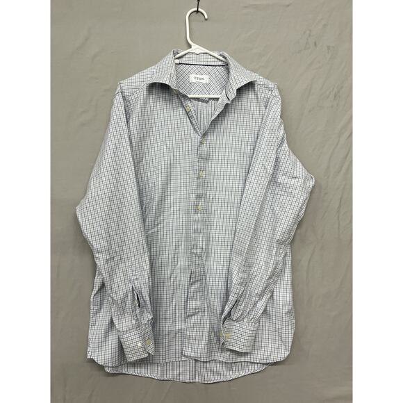 Eton Dress Shirt Mens 43/17 Beige Blue Contemporary Button Up SKU 246 - Picture 1 of 5
